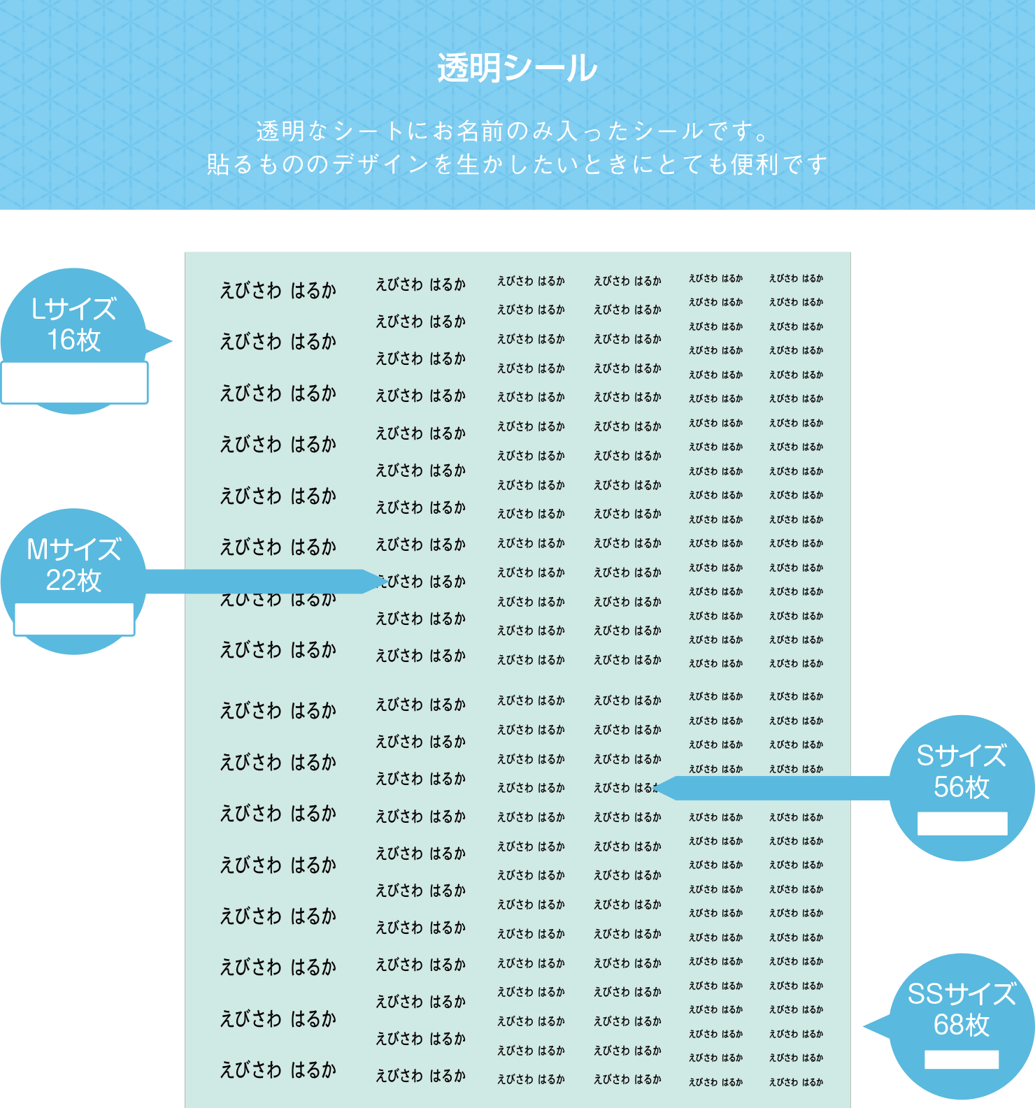 透明シール 透明なシートにお名前のみ入ったシールです。貼るもののデザインを生かしたいときにとても便利です